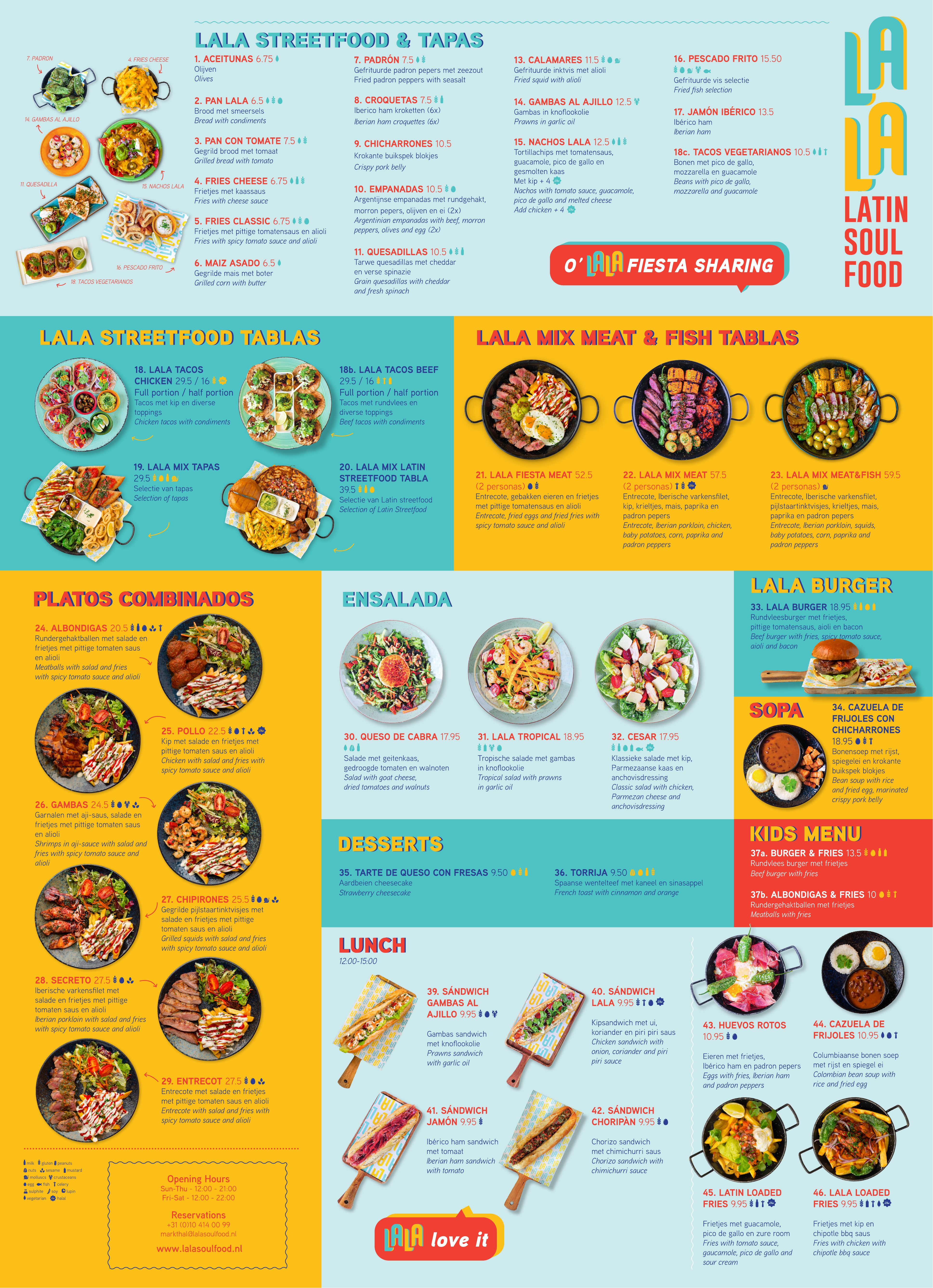 De volledige menukaart van LALA Latin Soul Food